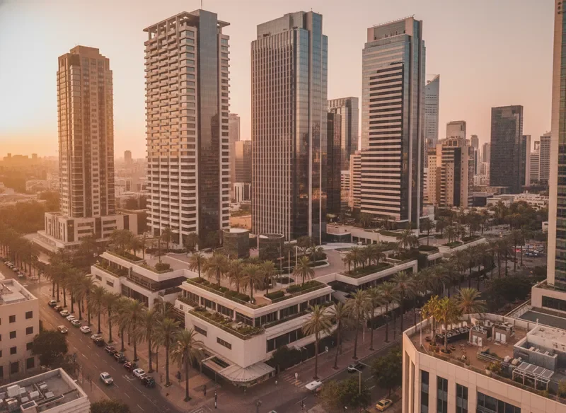 אזור העסקים של תל אביב בשעת שקיעה